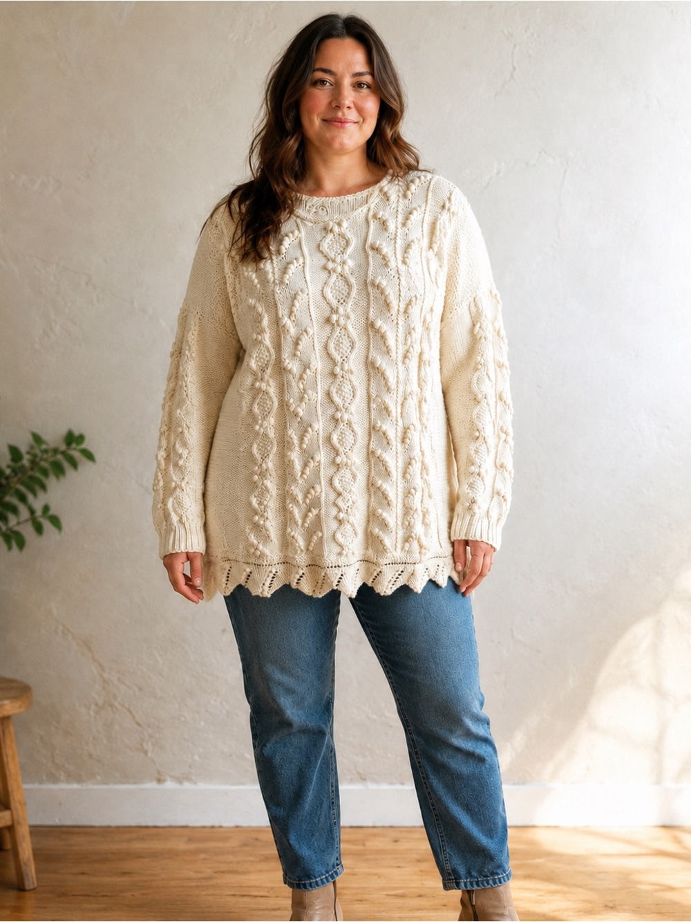 Irish Handknit Cream Roll Collar Cable Bobble Sweater Cottagecore Heirloom XL?